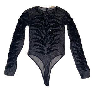 AMEN Italy Sheer Embellished Bodysuit Crystals Beaded Black Luxury Italian Soft